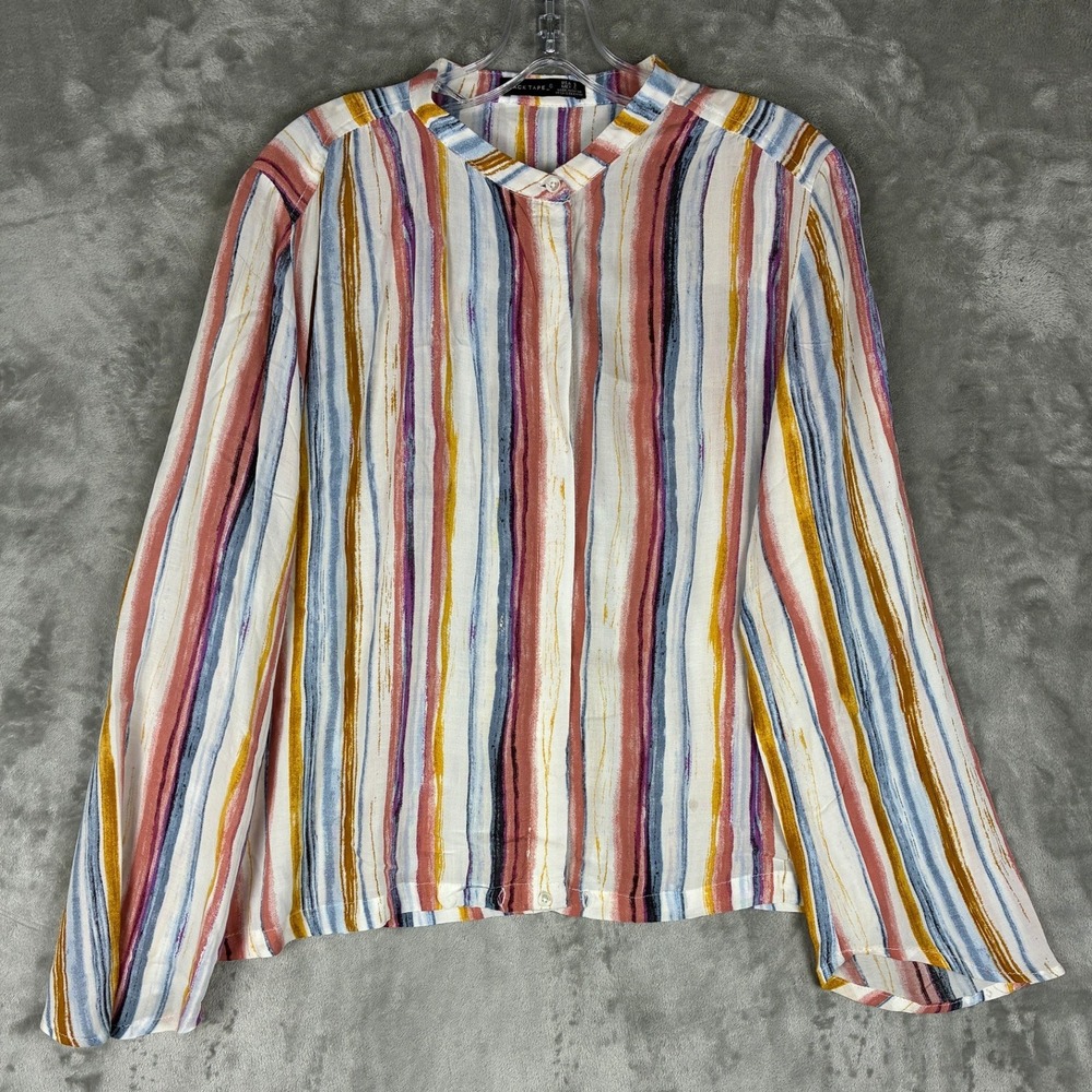 Black Tape Womens Striped Band Collar‎ Long Sleeve Blouse Top Multicolor Small